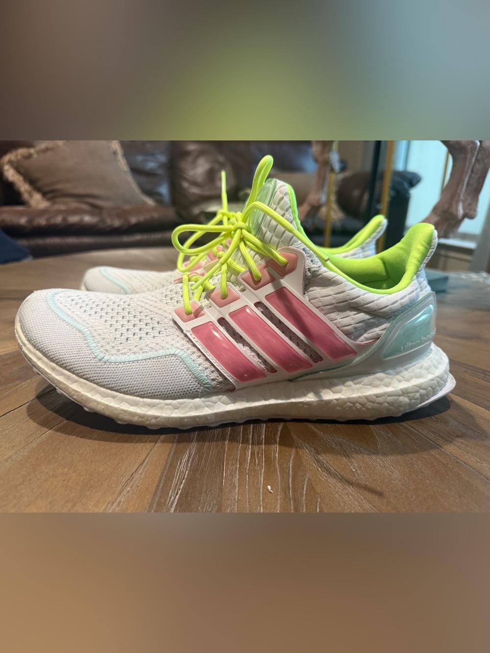 adidas White Sneakers with Pink Stripes and Neon Yellow Laces